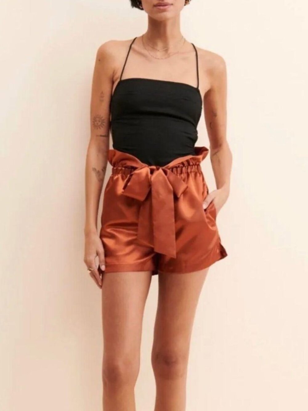 #17 NWT Allina Liu Satin Paperbag Shorts FP Tag | Size L (Fits M) | $129 Retail